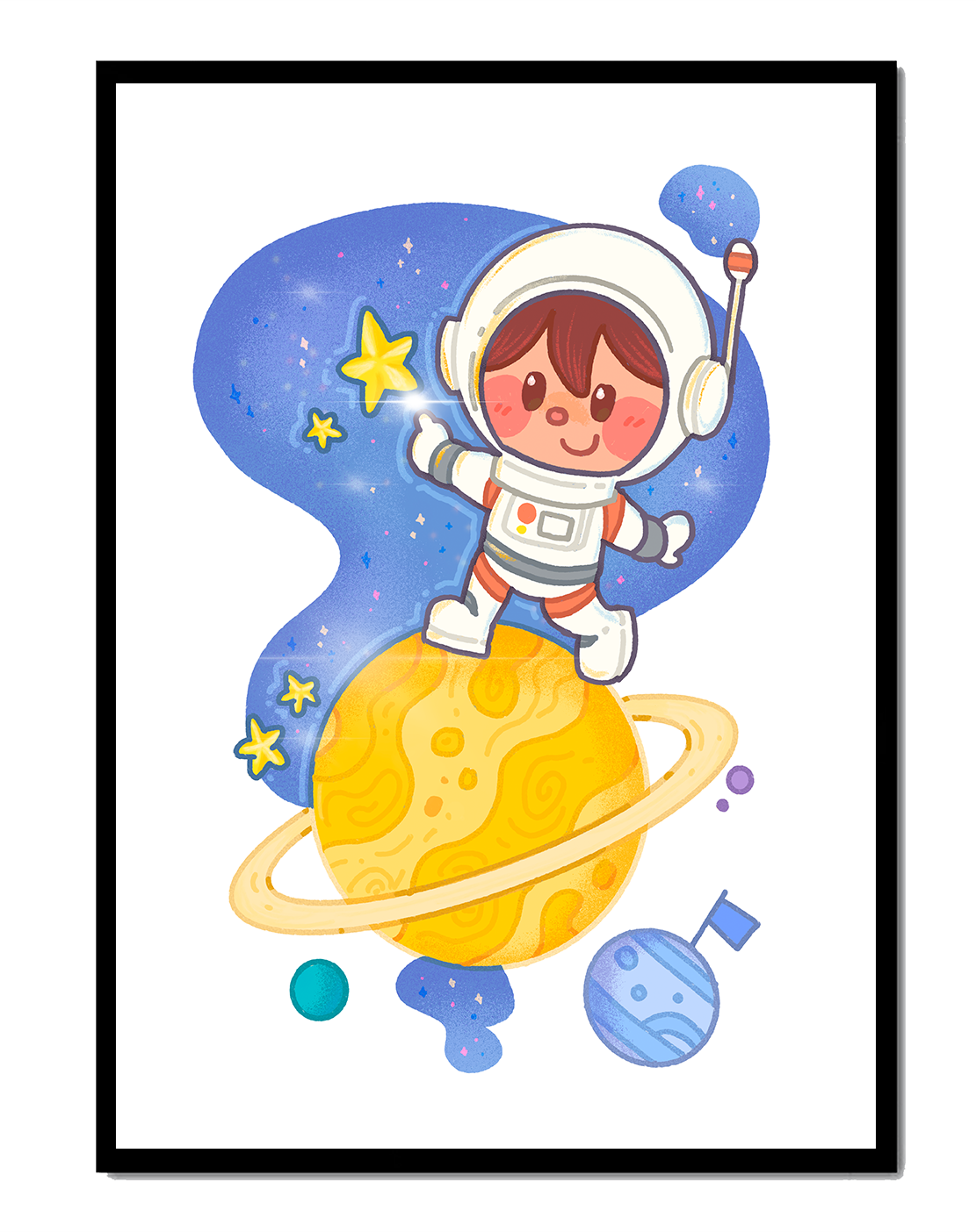 Adorable astronaut illustration with planets and stars for children's room