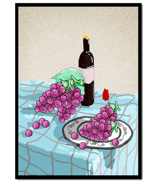 Still Life with Grapes and Wine Bottle on a Checkered Tablecloth - Mi tienda