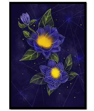Floral Art with Blue and Yellow Lotus Design on Starry Background