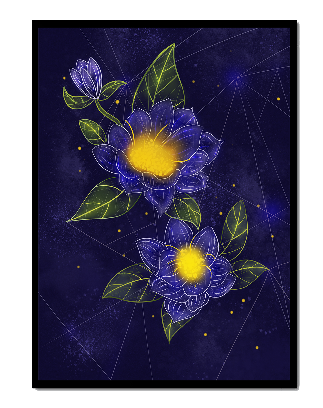 Floral Art with Blue and Yellow Lotus Design on Starry Background