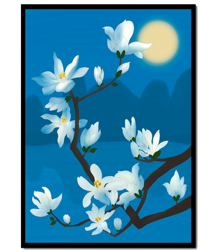 White magnolia branch under moonlight with blue background