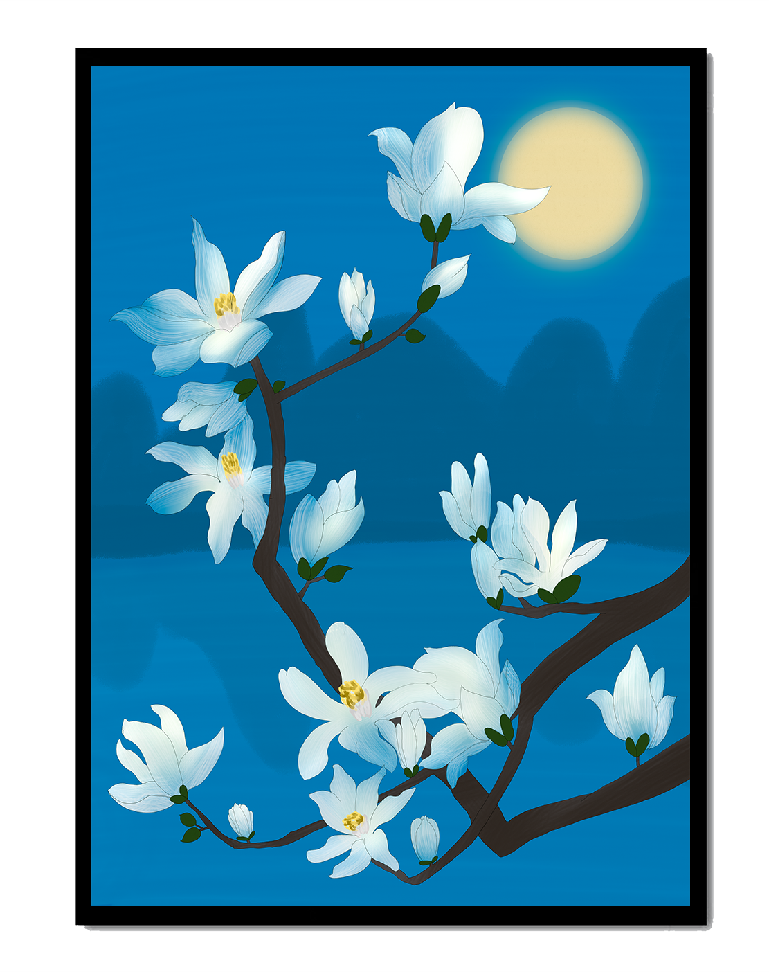 White magnolia branch under moonlight with blue background