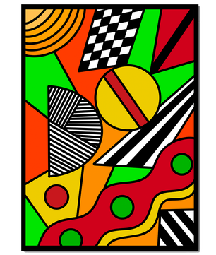 Vibrant geometric abstract artwork with bold colors and shapes