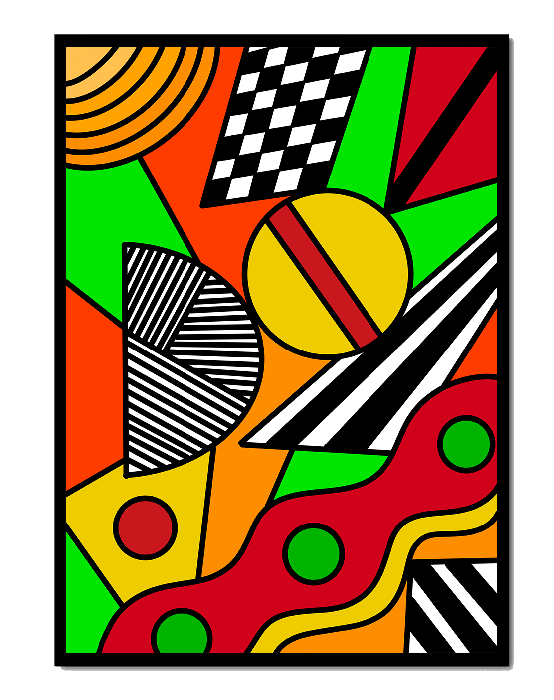 Vibrant geometric abstract artwork with bold colors and shapes
