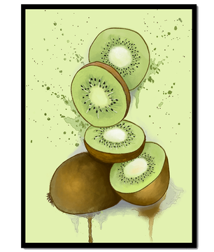 Watercolor illustration of sliced kiwi fruit with splashes