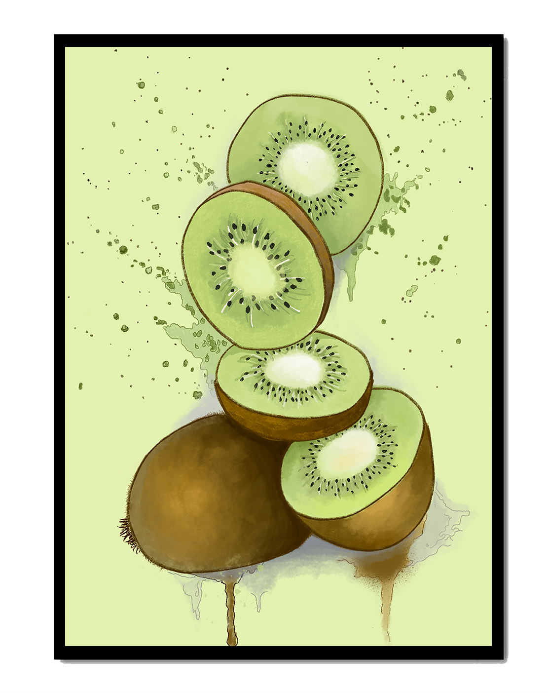 Watercolor illustration of sliced kiwi fruit with splashes