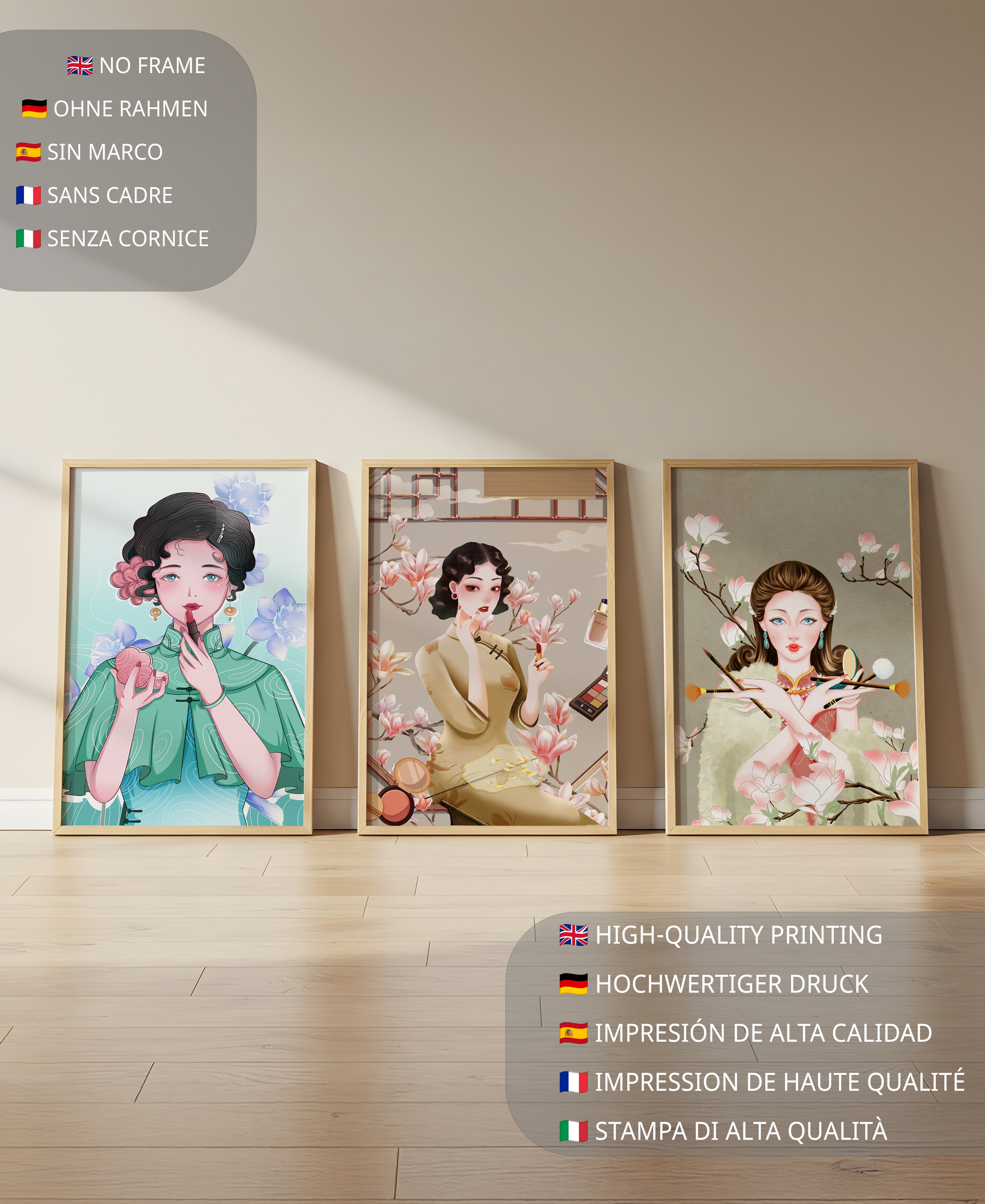 Conjunto De Impresiones Artísticas De Mujeres Estilo Retro Con Elementos Dorados