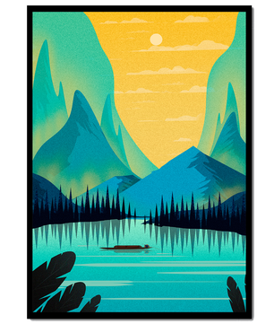 Serene lake landscape with mountains and sunset