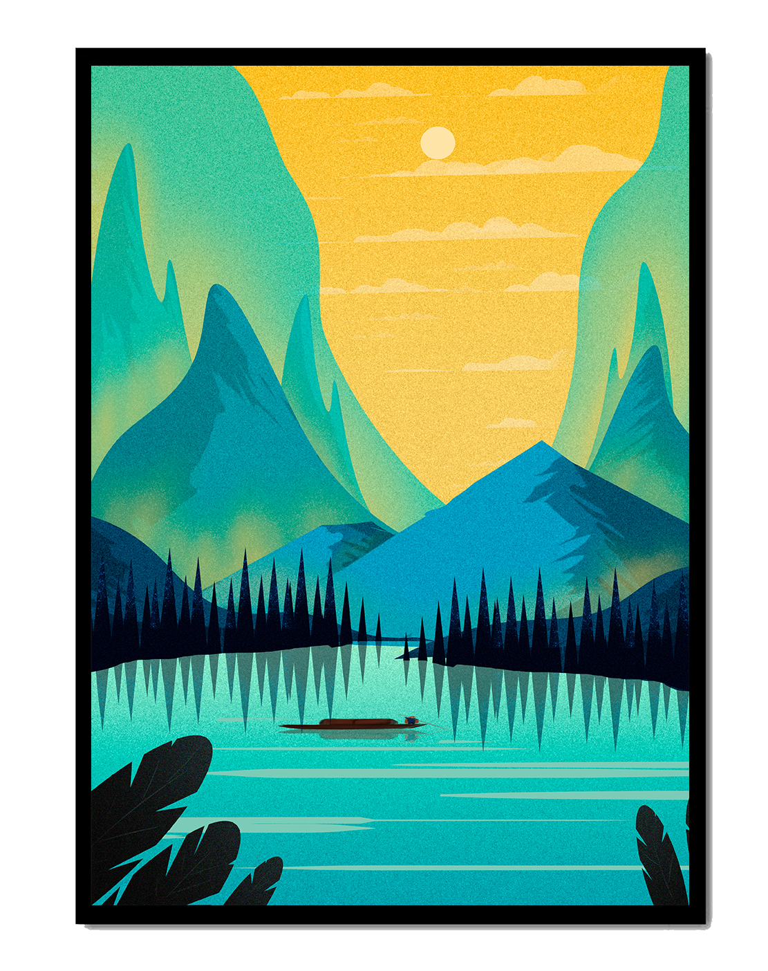 Serene lake landscape with mountains and sunset