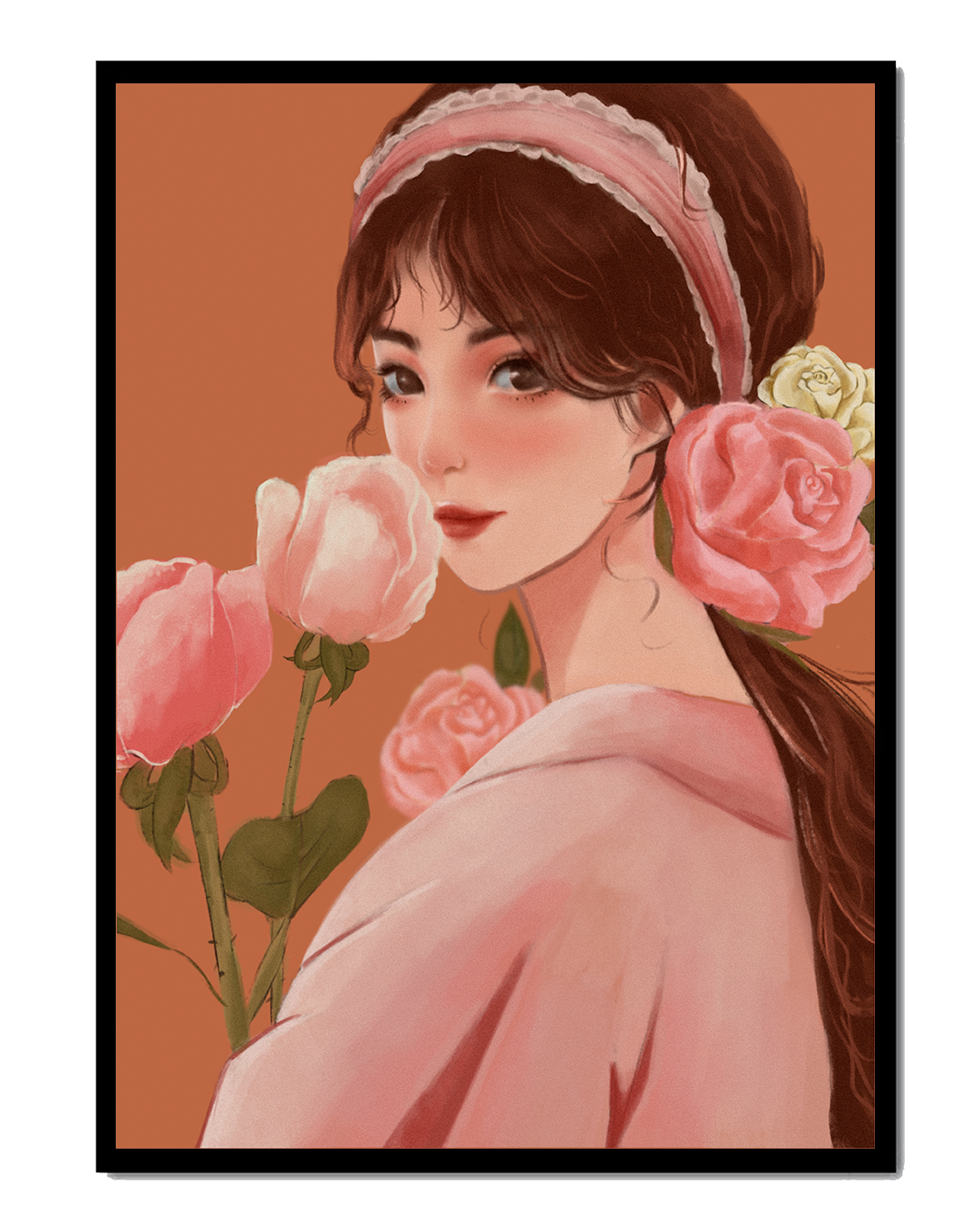Young woman with flowers in her hair and holding a bouquet