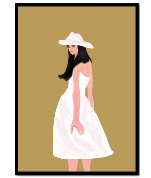 Woman in a white dress and hat on a gold background