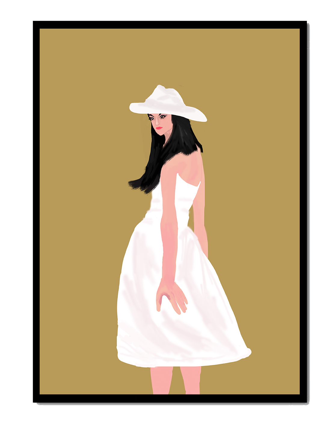 Woman in a white dress and hat on a gold background