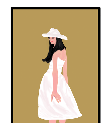 Woman in a white dress and hat on a gold background