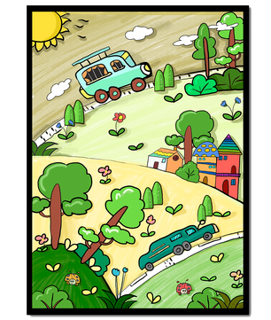 Whimsical landscape with houses, cars, and colorful flora