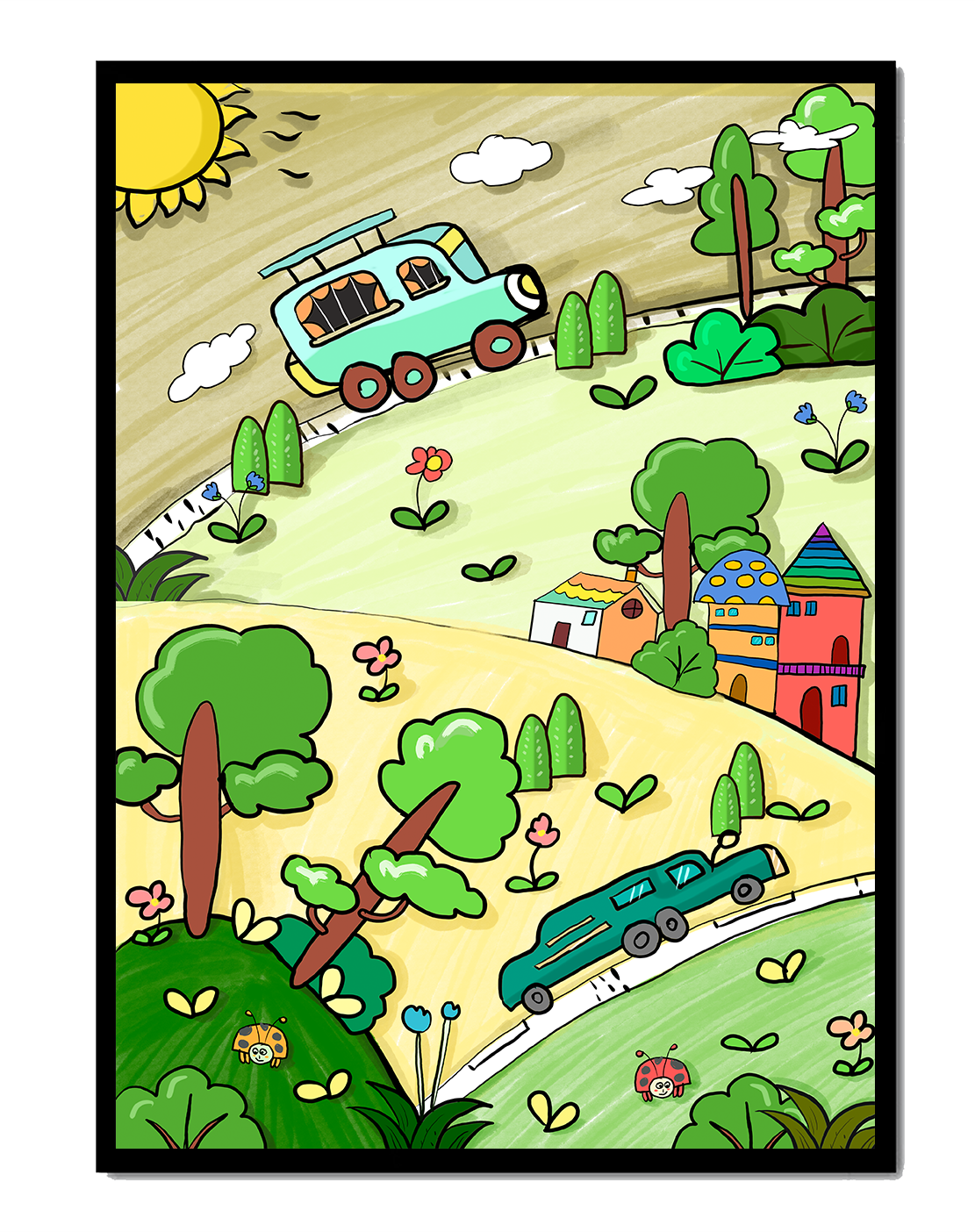 Whimsical landscape with houses, cars, and colorful flora