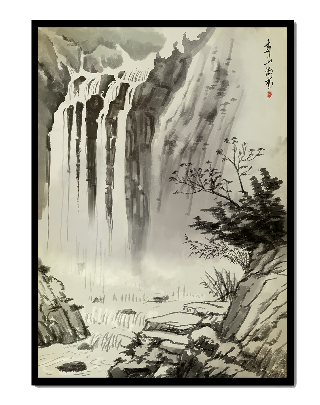 Serene Waterfall in Traditional Chinese Landscape Painting