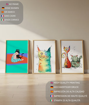 Ensemble d’illustrations colorées de chats avec un cadre en bois clair