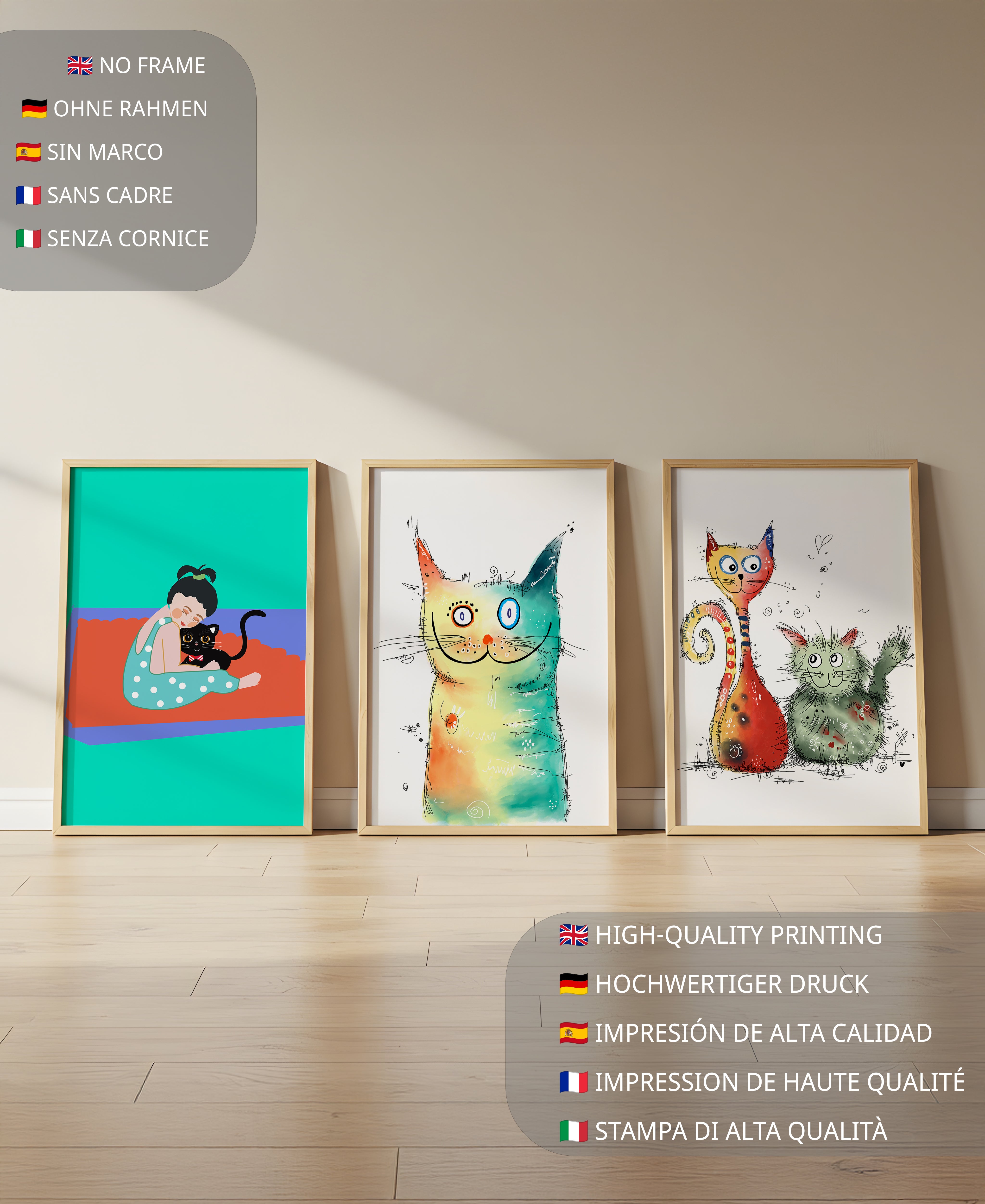 Conjunto de ilustraciones coloridas de gatos con marco de madera clara