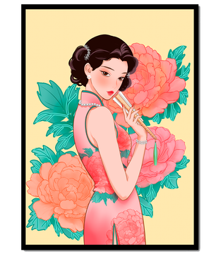 Elegant woman in traditional dress with floral background