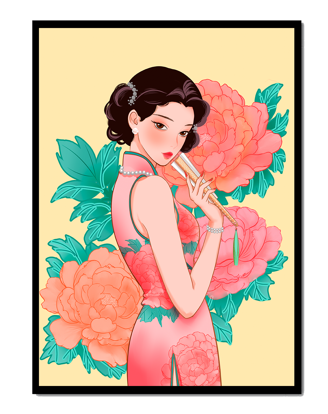Elegant woman in traditional dress with floral background
