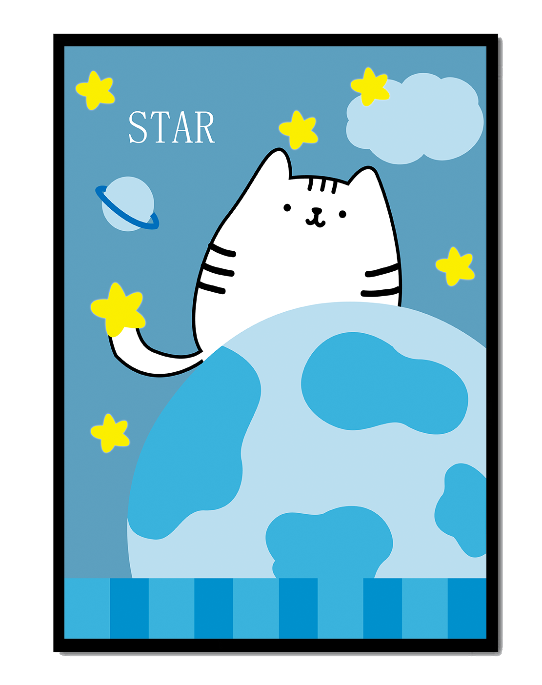 Illustration of a cute cat in space with stars and planets