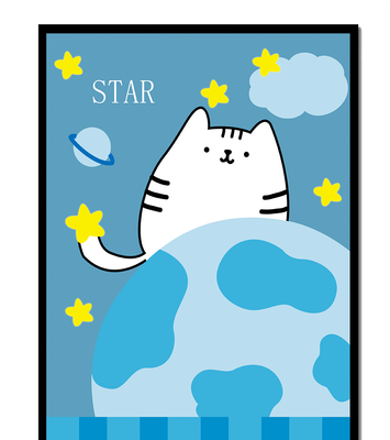 Illustration of a cute cat in space with stars and planets