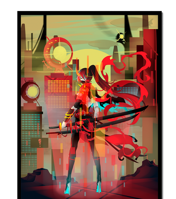 Futuristic warrior in a cyberpunk cityscape with swords and red accents