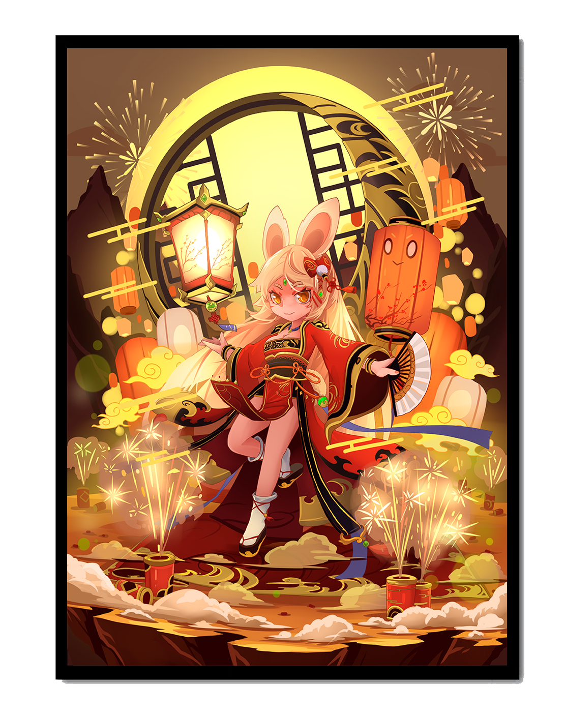 Festive celebration with a lantern-carrying character amidst fireworks and moonlight