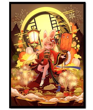 Festive celebration with a lantern-carrying character amidst fireworks and moonlight