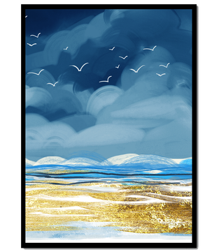 Meereslandschaft mit Vögeln in einer leuchtenden Blau- und Goldpalette