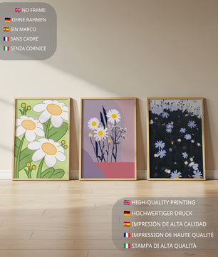 Tríptico De Arte Floral Con Margaritas En Colores Pastel