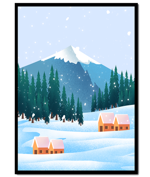 Winter Mountain Landscape with Snowy Cabins and Forest - Mi tienda
