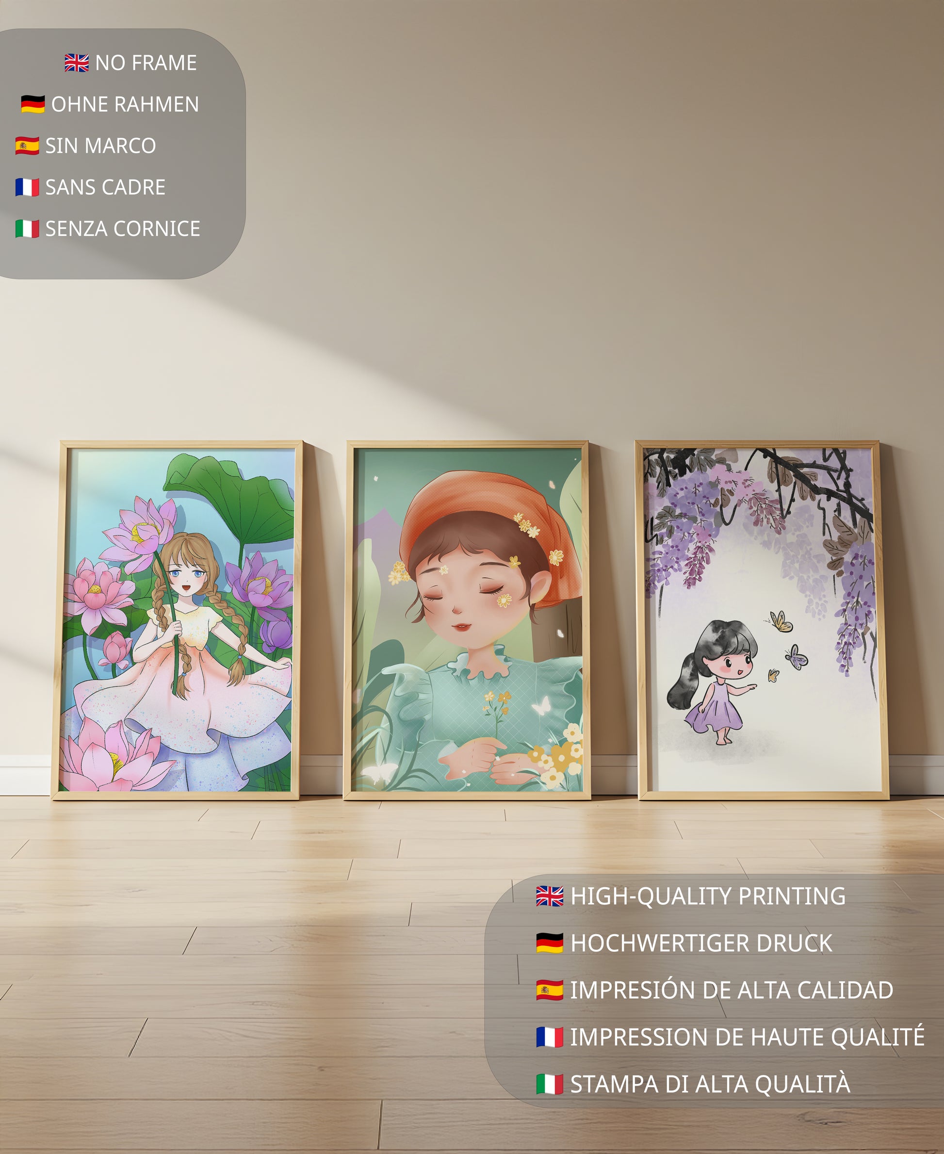 Ensemble d’illustrations artistiques avec des figures féminines sur un sol en bois