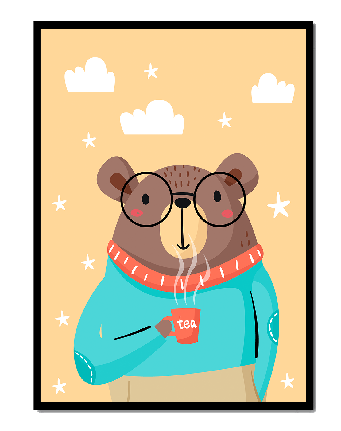 Illustration of a bear with glasses holding a tea cup against a starry background