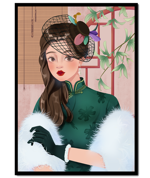 Elegant woman in vintage attire with netted hat and floral elements