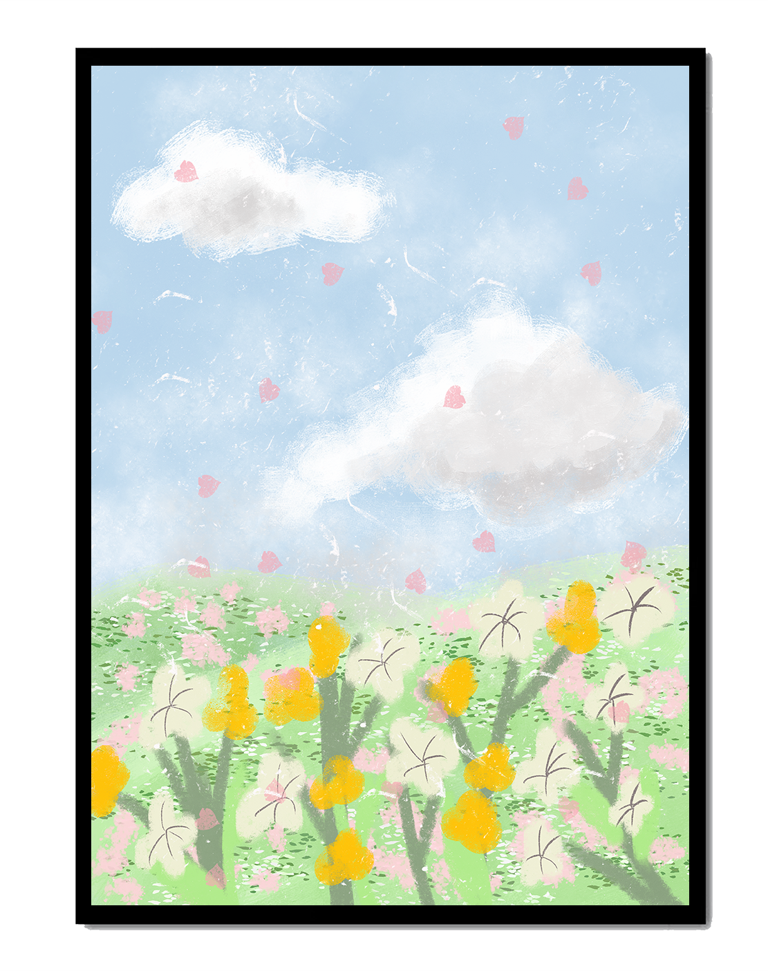 Paysage printanier avec nuages et fleurs
