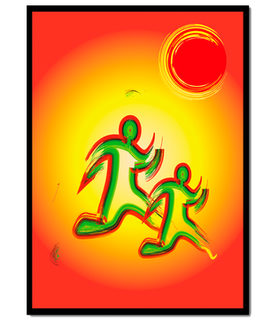 Abstract colorful figures under a vibrant sun with warm tones