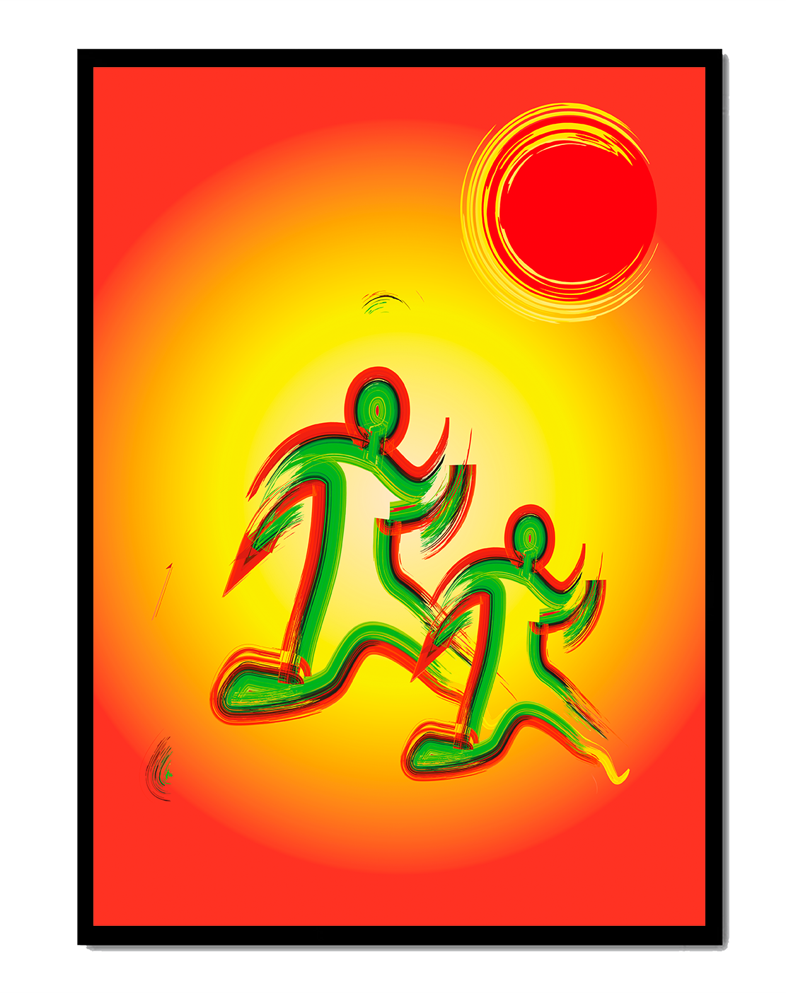 Abstract colorful figures under a vibrant sun with warm tones
