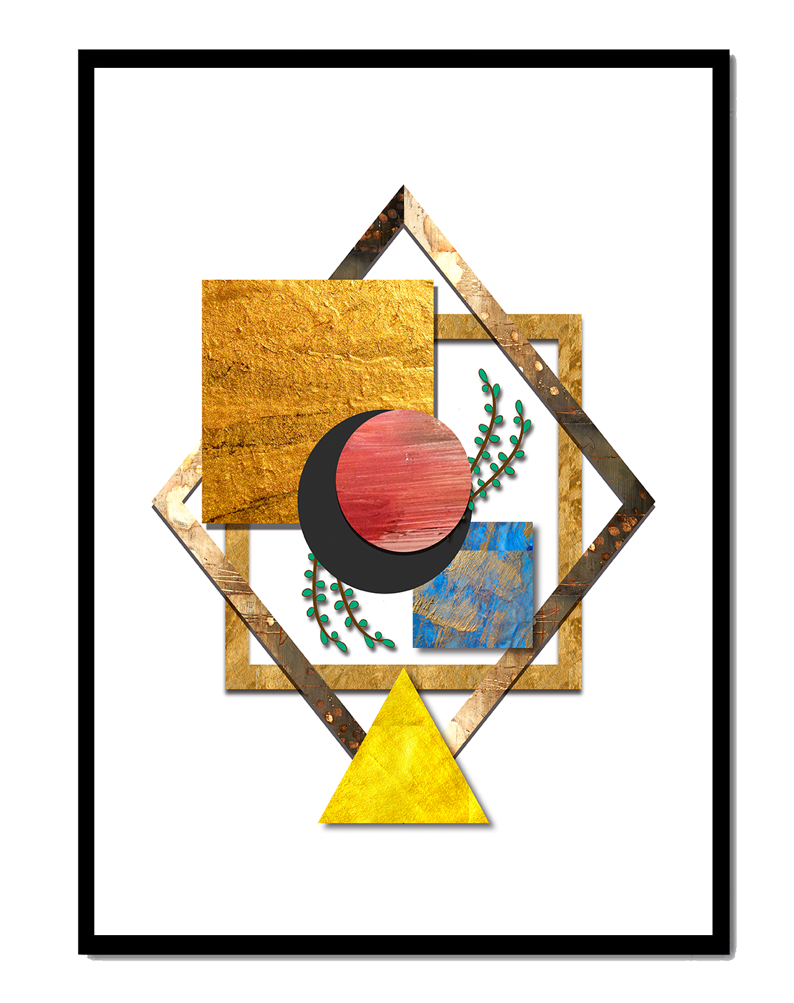 Modern geometric abstract art with vibrant colors and gold accents