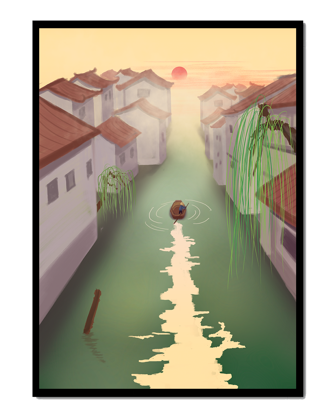 Tranquil river scene with traditional architecture and sunset