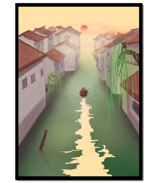 Escena de río tranquilo con arquitectura tradicional y atardecer