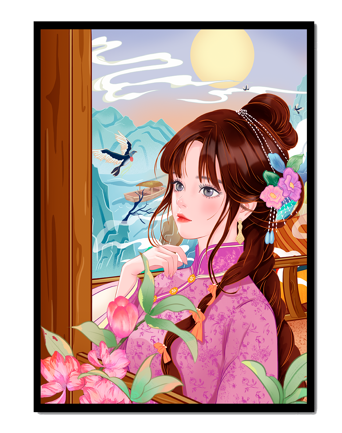 Serene landscape with a woman in traditional dress and mountain view