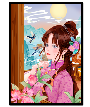 Serene landscape with a woman in traditional dress and mountain view