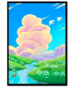 Serene landscape with rolling hills, stream, and vibrant sky