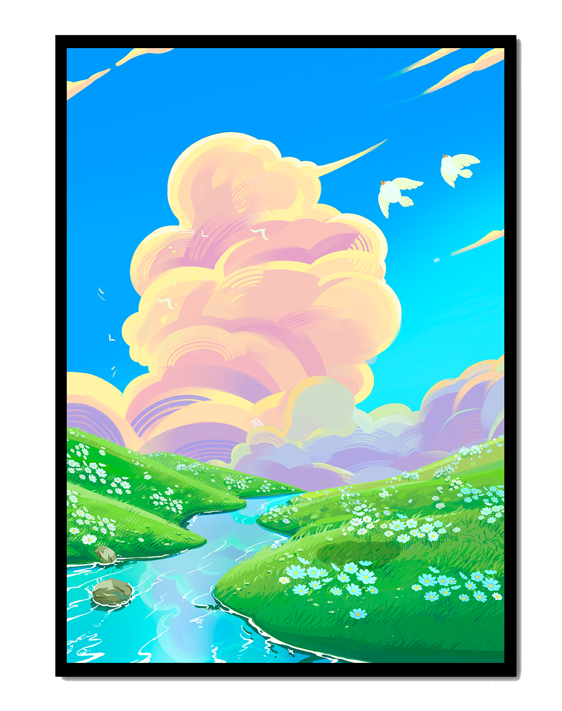 Serene landscape with rolling hills, stream, and vibrant sky