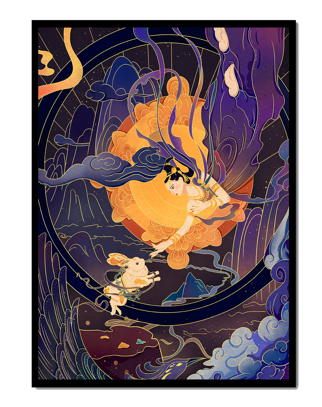 Elegant goddess reaching towards a celestial rabbit in a cosmic scene