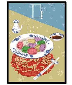 Colorful dumplings and tea set on decorative mat