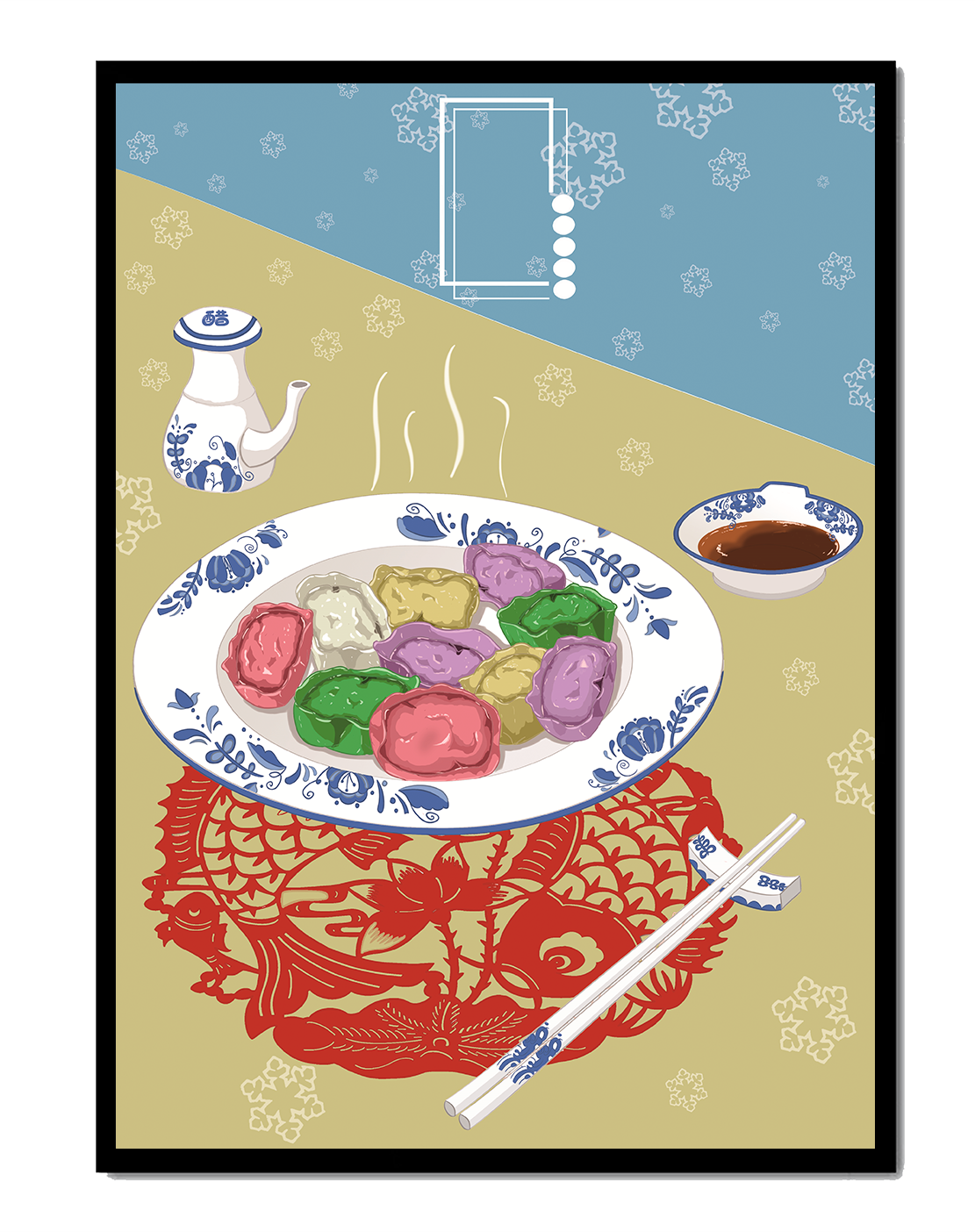 Colorful dumplings and tea set on decorative mat