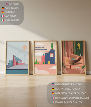 Tríptico de Arte Contemporáneo sin Marco con Lugares Modernos