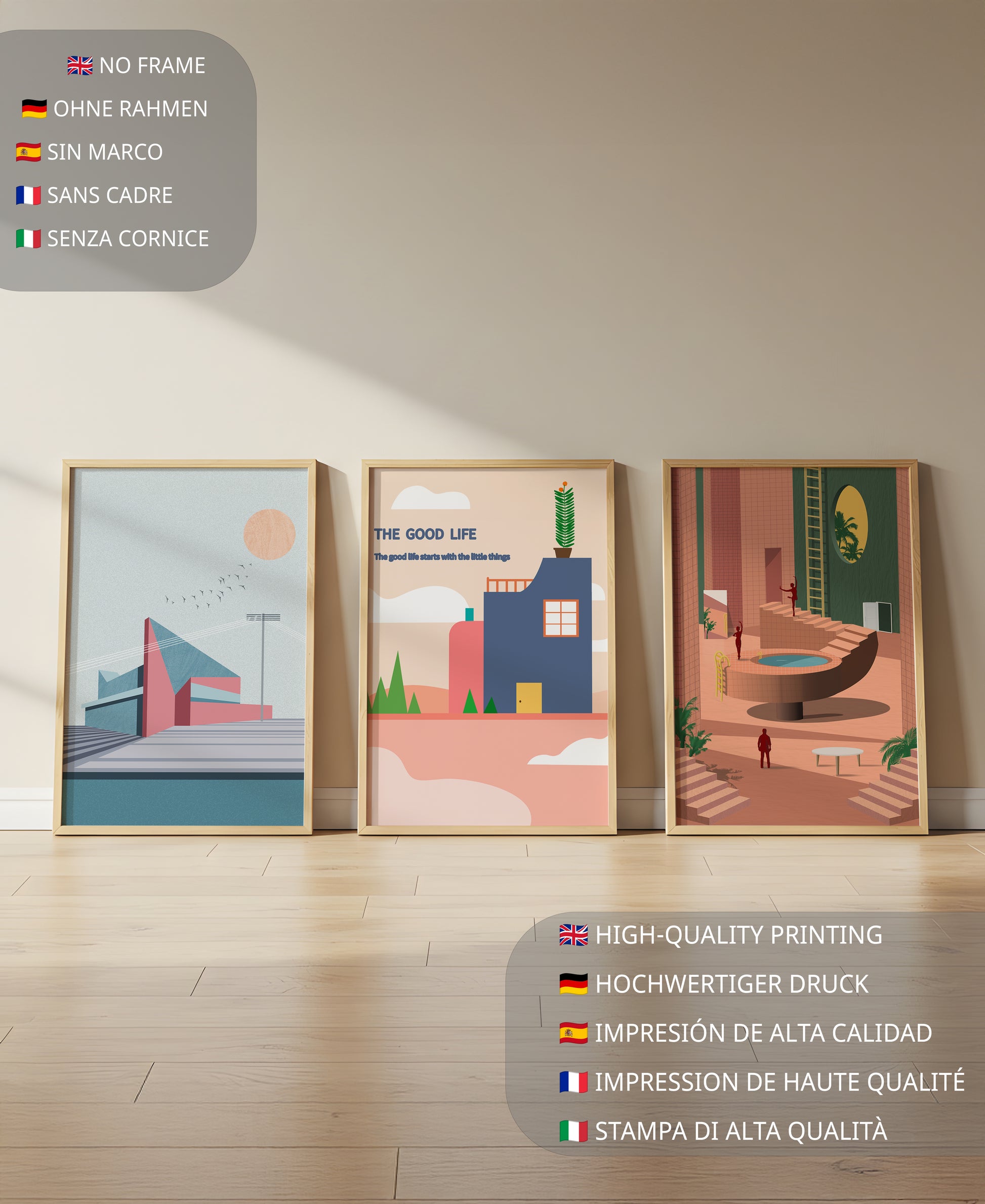 Tríptico de Arte Contemporáneo sin Marco con Lugares Modernos